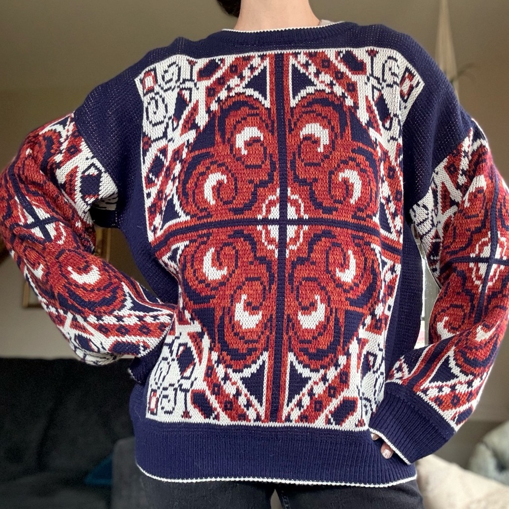 Vintage Navy Geometric Sweater XL Rust Geometric Tapestry Pattern